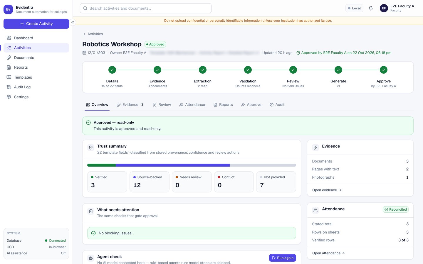 Evidentra activity overview with workflow steps and the agent check panel