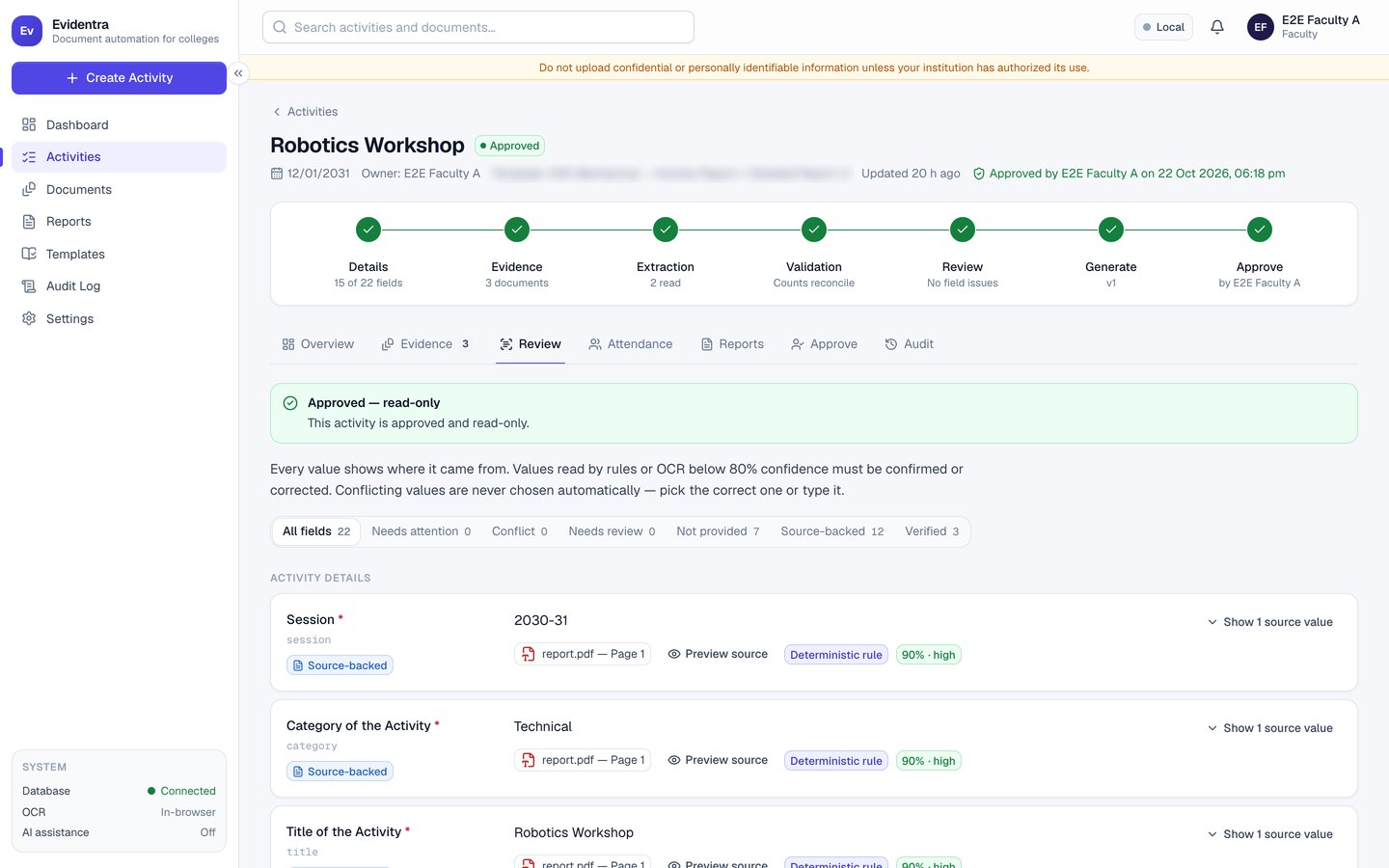 Evidentra review screen: each report field shows its source document, page and confidence